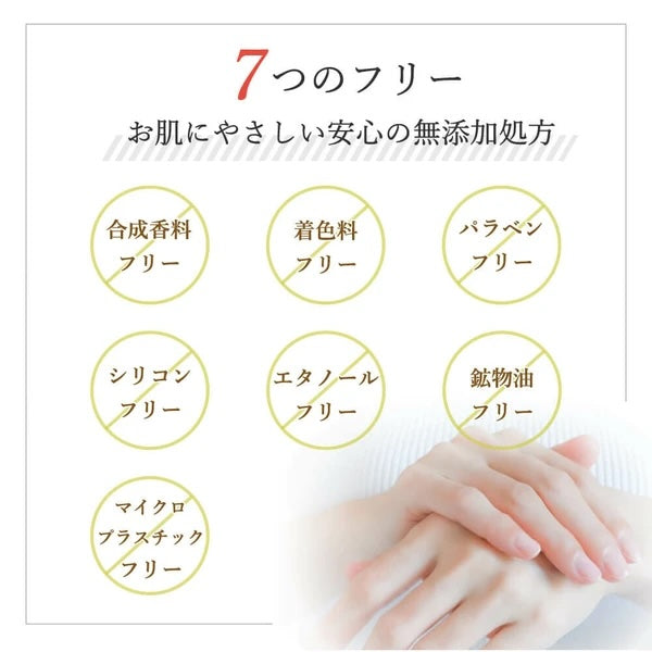 Product label with Japanese text and icons indicating free ingredients on a blurred background of hands.