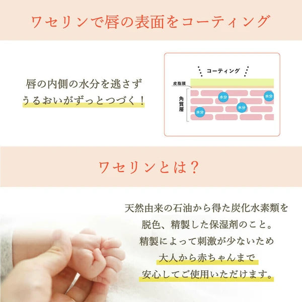Product description with text and a close-up of a hand holding baby feet on a light pink background.  Japanese Yuzu Lip Cream formulated with purified petroleum jelly (vaseline) to create a moisture-locking barrier for dry lip