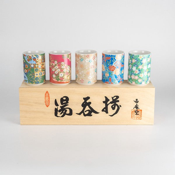 Kyo-Yuzen Japanese tea cup set of 5 with traditional wooden presentation box