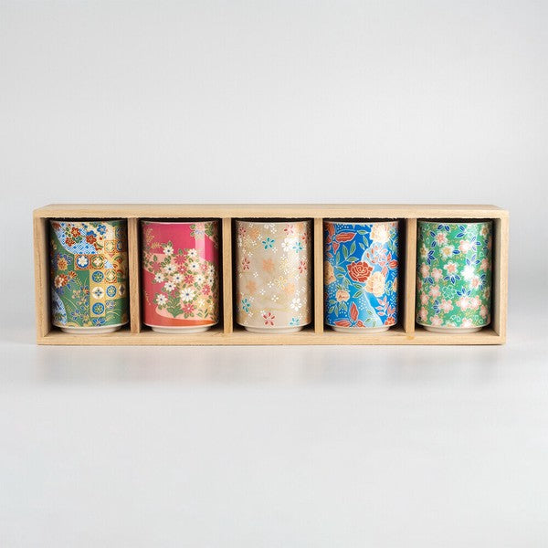 Kyo-Yuzen Japanese tea cup set of 5 with vibrant geometric and floral patterns
