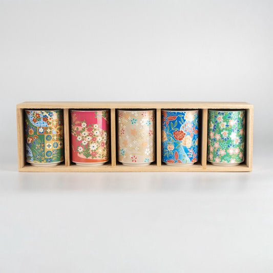 Kyo-Yuzen Japanese tea cup set of 5 with vibrant geometric and floral patterns
