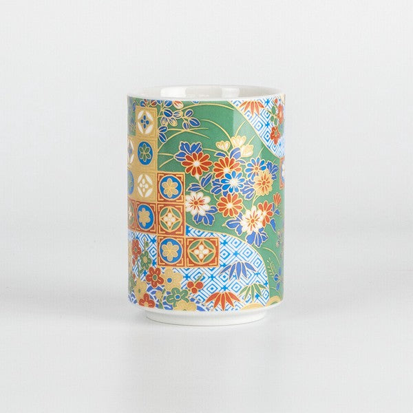 Kyo-Yuzen Japanese tea cup featuring traditional vibrant geometric motifs