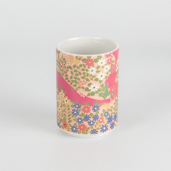 Japanese Kyo-Yuzen tea cup with colorful floral pattern inspired by Kyoto kimono dyeing