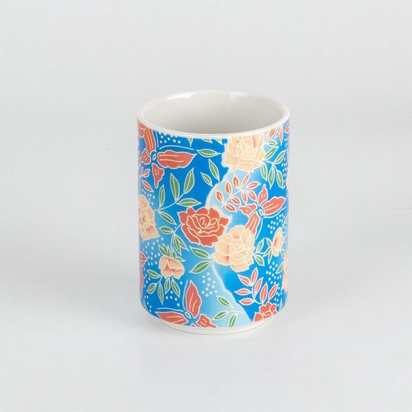 Traditional Kyo-Yuzen Japanese tea cup with rich multi-colored kimono motif