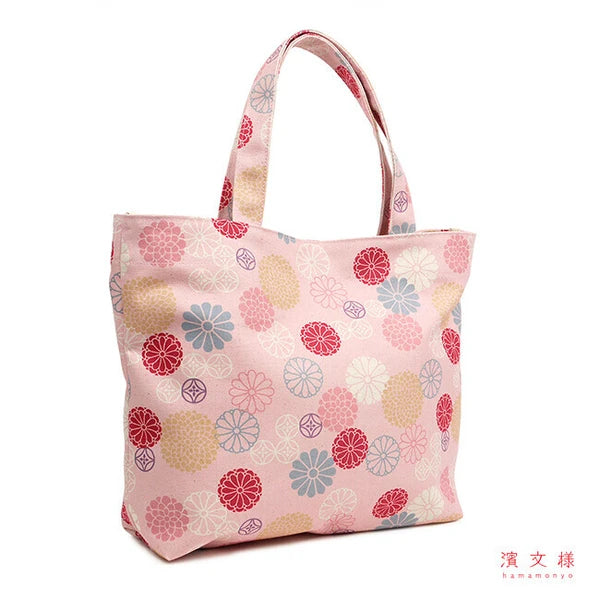 Hamamonyo large pink canvas tote with chrysanthemum and shippō pattern, made in Japan