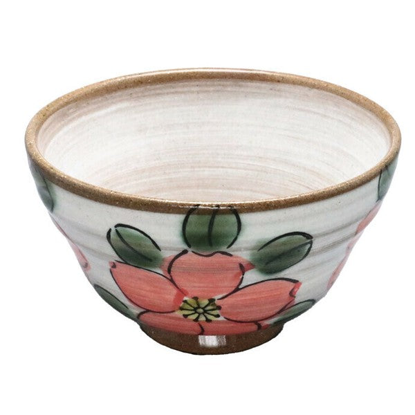 Minoware rice bowl with floral design, highlighting hand-drawn details and natural glaze