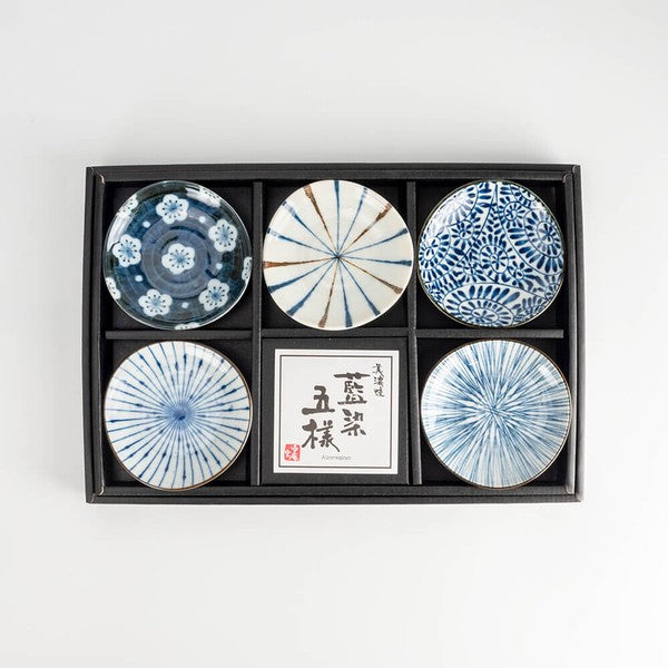 Indigo pattern mini plate set of 5 in elegant gift box – Mino ware made in Japan