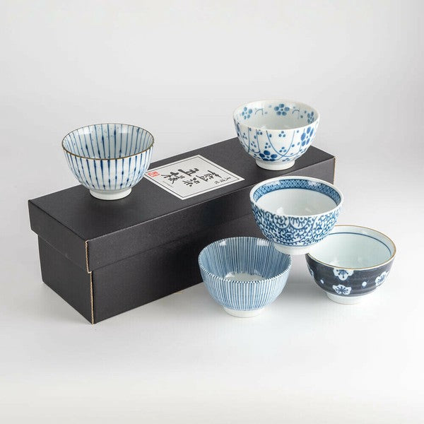 Five-piece Indigo-Dyed Mino Ware Porcelain Sencha Teacup Set in gift box