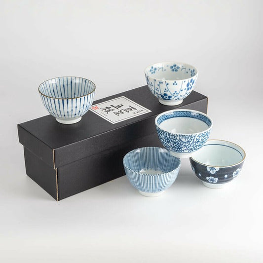 Five-piece Indigo-Dyed Mino Ware Porcelain Sencha Teacup Set in gift box