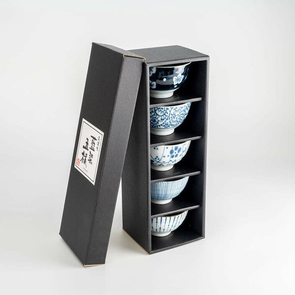 Handcrafted Japanese Mino Ware teacups in blue-and-white patterns in gift box