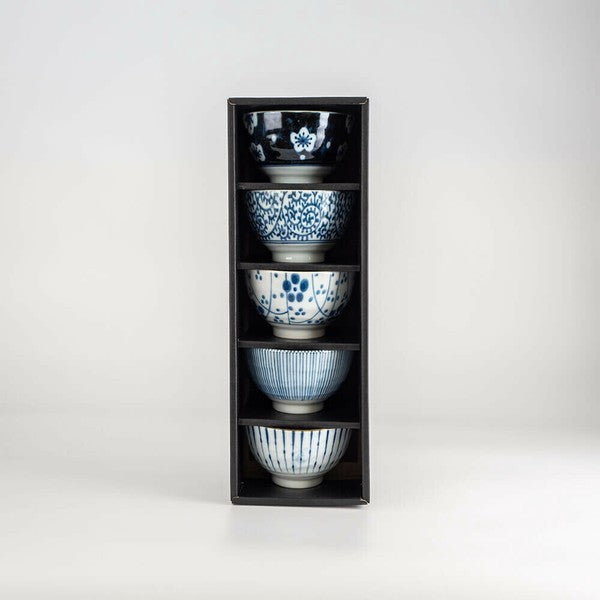 Mino Ware porcelain sencha teacup with aizome indigo motif in black gift box