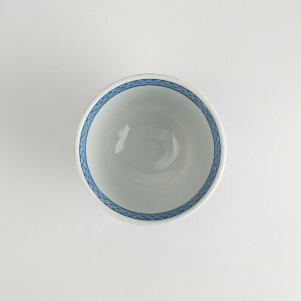 Top view of Mino Ware sencha cup showing detailed blue arabesque interior border