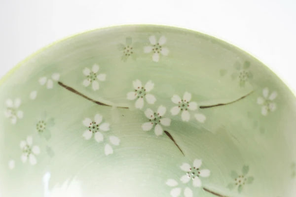 Close view of the light green Hanamai bowl showing cherry blossom pattern