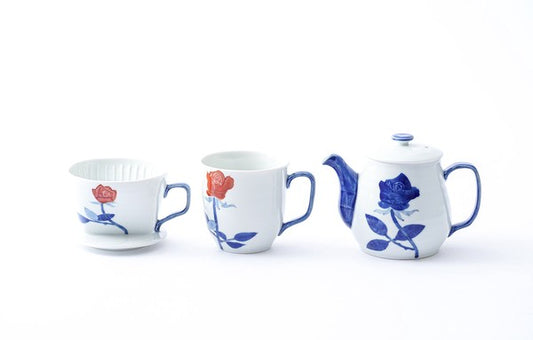 Arita ware coffee dripper set with dripper, pot, and mug in rose design