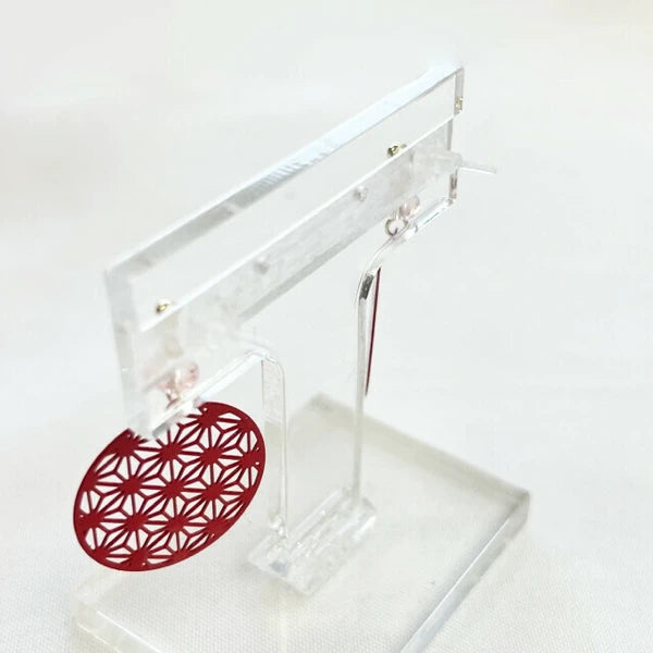 Back view of red geometric hemp leaf pattern earrings