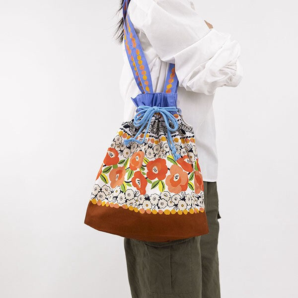 Japanese Floral Design Organic Cotton Drawstring Tote Bag