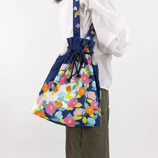 Japanese Floral Design Organic Cotton Drawstring Tote Bag