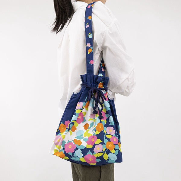 Japanese Floral Design Organic Cotton Drawstring Tote Bag