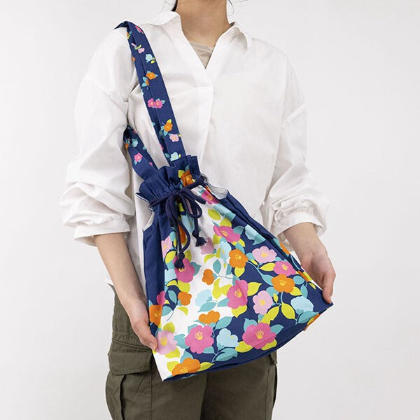 Japanese Floral Design Organic Cotton Drawstring Tote Bag