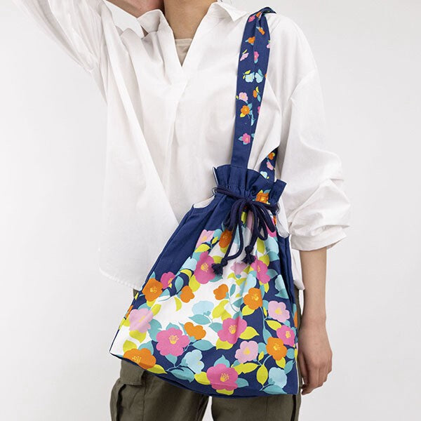 Japanese Floral Design Organic Cotton Drawstring Tote Bag