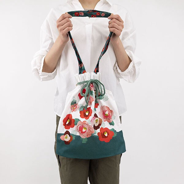 Japanese Floral Design Organic Cotton Drawstring Tote Bag