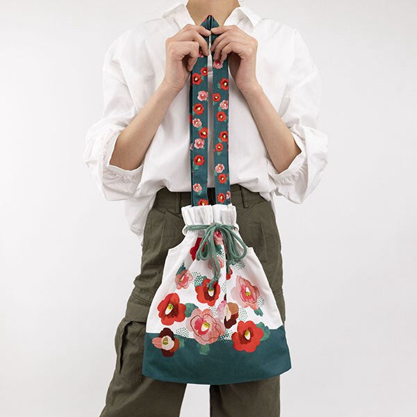 Japanese Floral Design Organic Cotton Drawstring Tote Bag