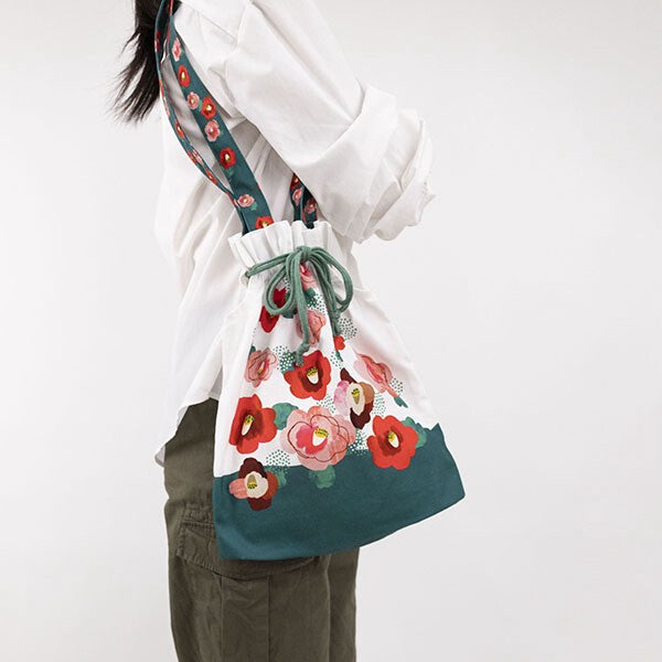 Japanese Floral Design Organic Cotton Drawstring Tote Bag