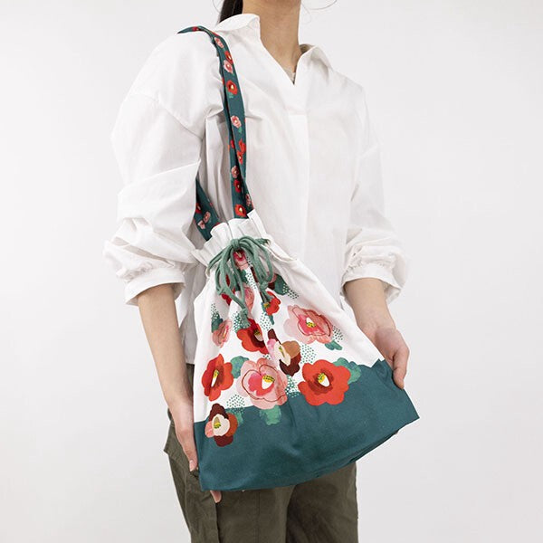 Japanese Floral Design Organic Cotton Drawstring Tote Bag