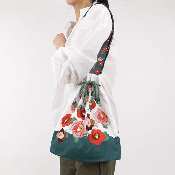 Japanese Floral Design Organic Cotton Drawstring Tote Bag