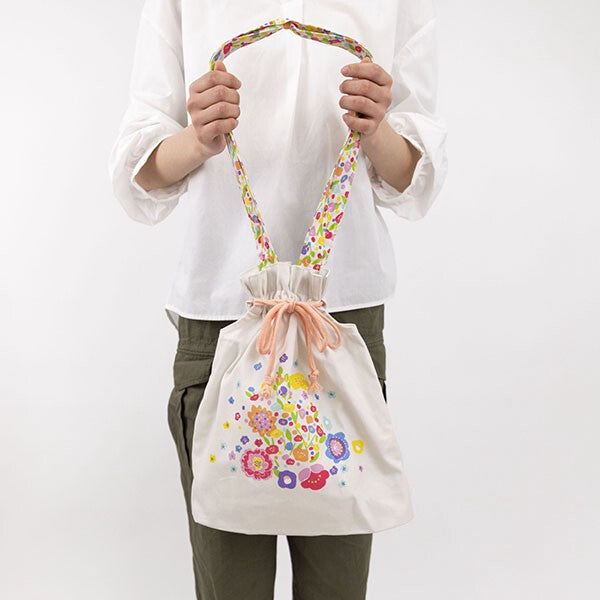 Japanese Floral Design Organic Cotton Drawstring Tote Bag