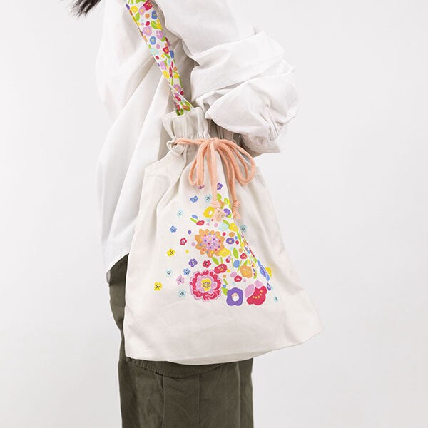 Japanese Floral Design Organic Cotton Drawstring Tote Bag