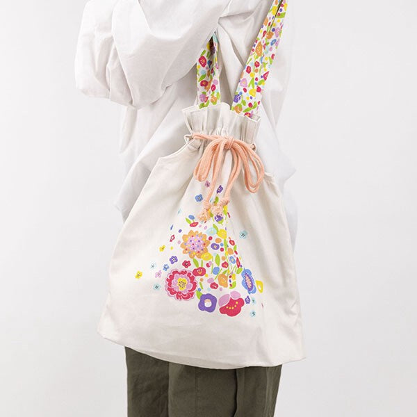 Japanese Floral Design Organic Cotton Drawstring Tote Bag