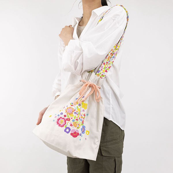 Japanese Floral Design Organic Cotton Drawstring Tote Bag