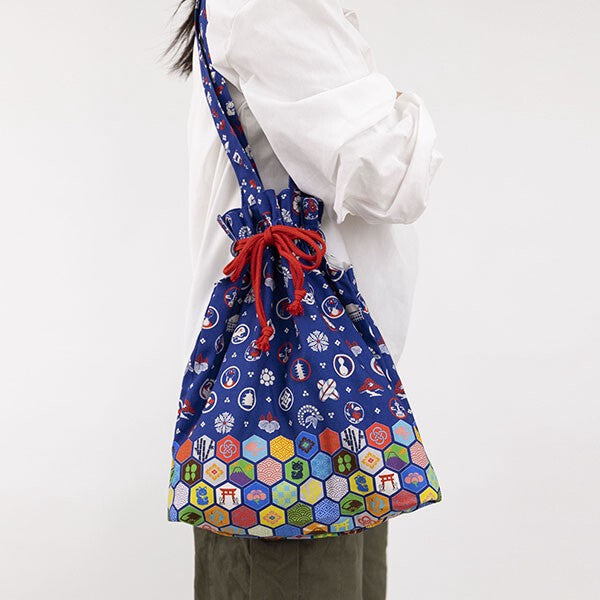 Japanese Floral Design Organic Cotton Drawstring Tote Bag