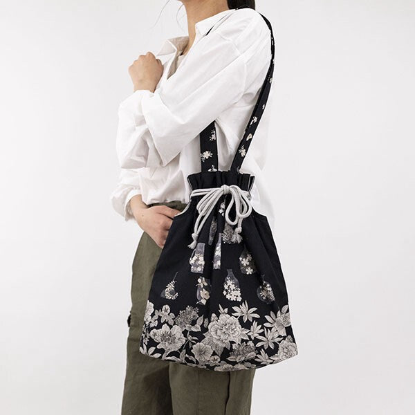 Japanese Floral Design Organic Cotton Drawstring Tote Bag