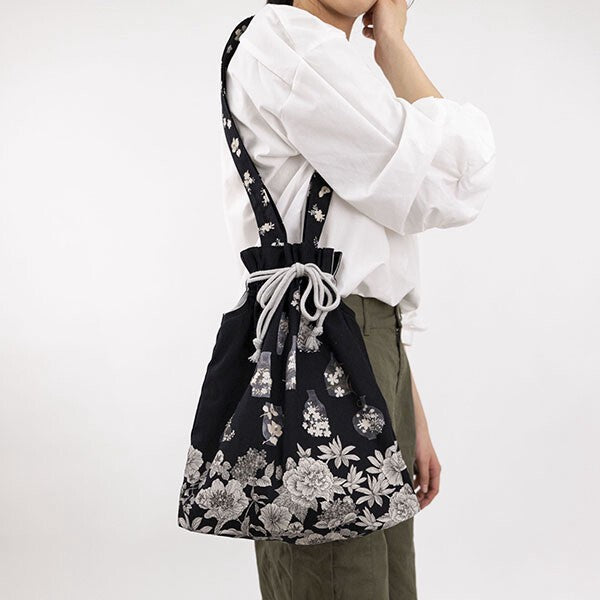 Japanese Floral Design Organic Cotton Drawstring Tote Bag