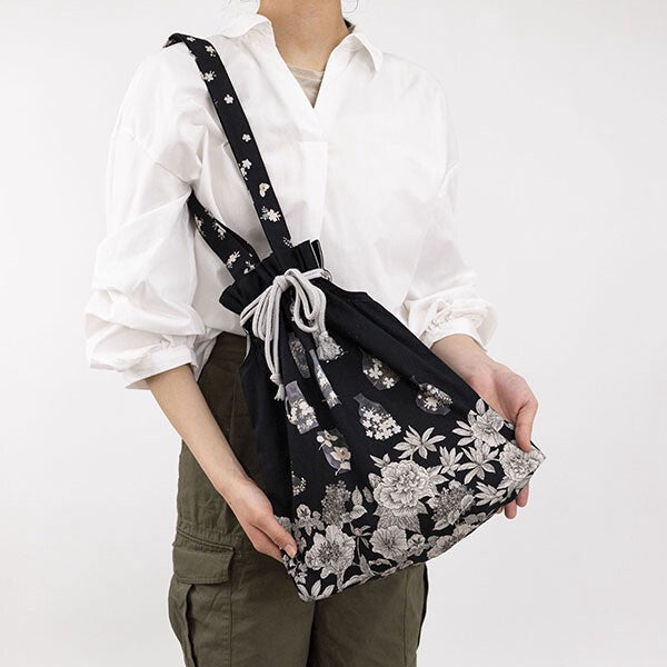 Japanese Floral Design Organic Cotton Drawstring Tote Bag