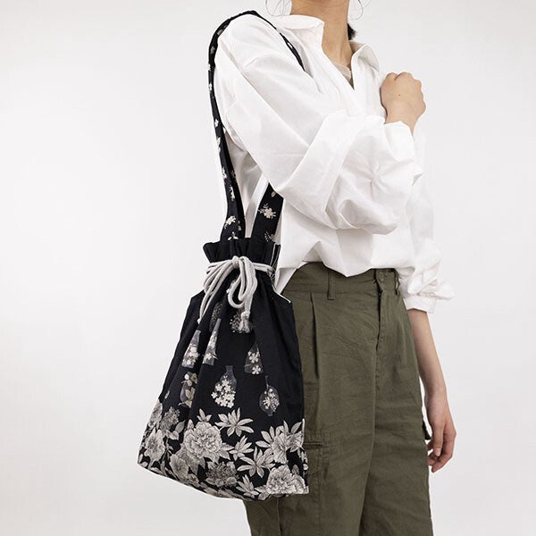 Japanese Floral Design Organic Cotton Drawstring Tote Bag