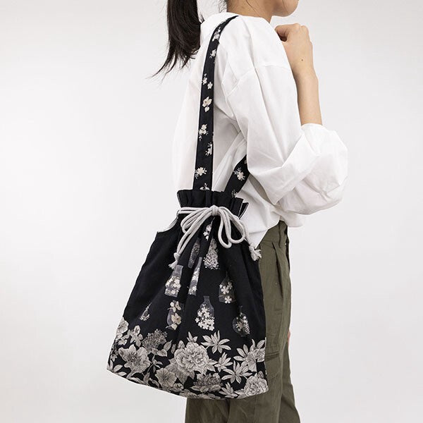 Japanese Floral Design Organic Cotton Drawstring Tote Bag