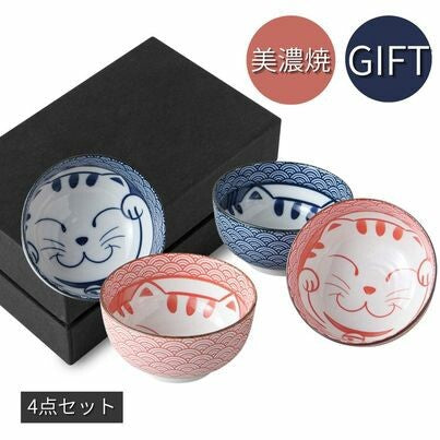 Japanese Seigaiha Cat Bowl Gift Set presented in a decorative gift box, includes four ceramic bowls in red and blue designs.