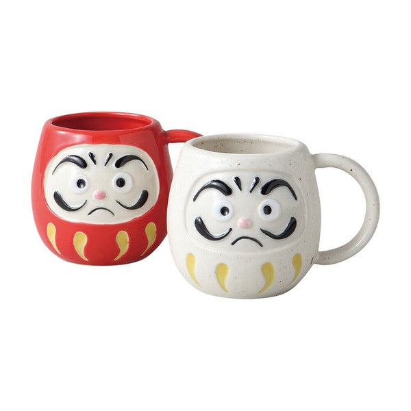 Lucky Daruma Mug Set of 2. Made in Japan, featuring red & white Daruma mugs—perfect for gifts.