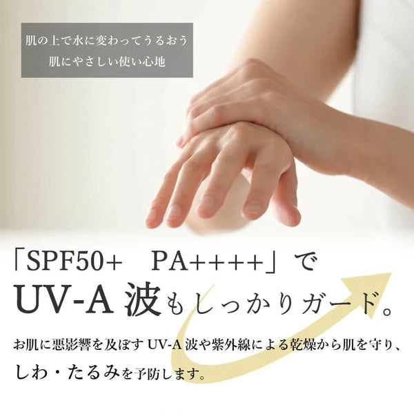Close-up of hands with text about SPF50+ PA++++ and UV-A protection, featuring the brand 'daily aroma'.