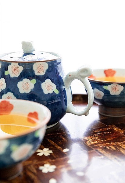 Arita Ware plum blossom bunny teapot set with two tea cups and Japanese tea