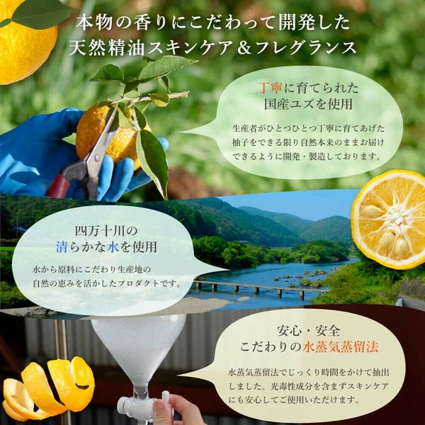 Collage of images related to natural lemon skincare and fragrances, including a person cutting a lemon, a mountain landscape, and a lemon being distilled.