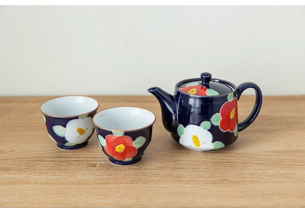 Arita & Hasami-yaki Hand-Painted Camellia Teapot Set – Blue & Pink
