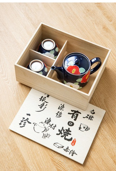 Arita & Hasami-yaki Hand-Painted Camellia Teapot Set – Blue & Pink