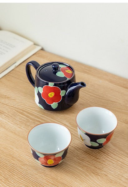 Arita & Hasami-yaki Hand-Painted Camellia Teapot Set – Blue & Pink