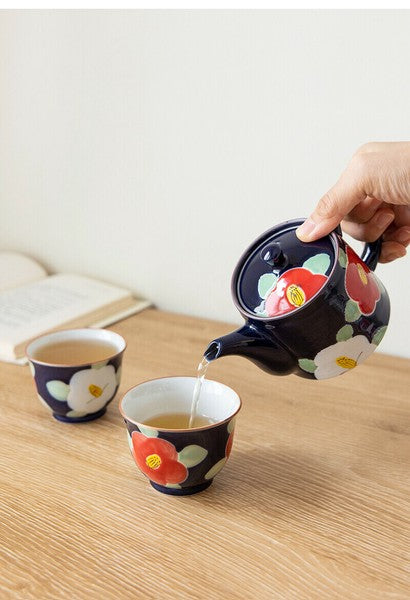 Arita & Hasami-yaki Hand-Painted Camellia Teapot Set – Blue & Pink