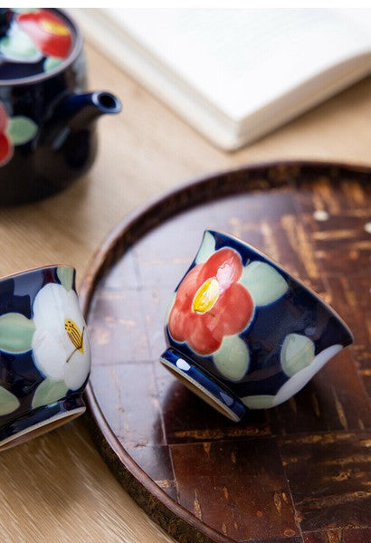 Arita & Hasami-yaki Hand-Painted Camellia Teapot Set – Blue & Pink