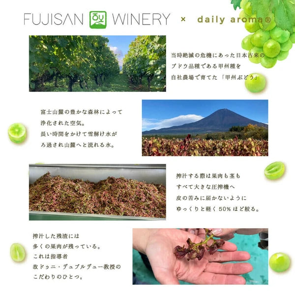 Promotional image for Fujisan Winery featuring vineyards, Mount Fuji, and wine production process.
